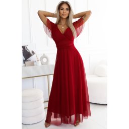 562-2 NASTIA Long dress with neckline and short sleeves - BORDO
