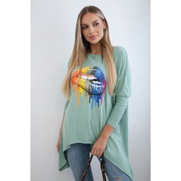 Oversized blouse with a dark mint lip print