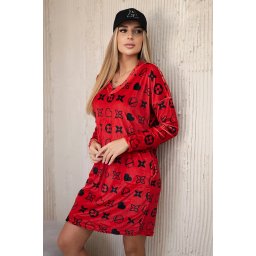 Velvet dress with a decorative red pattern