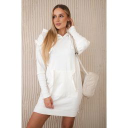 Dress with decorative ruffles and hood in ecru