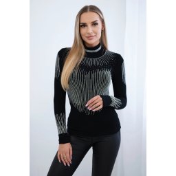Knitted blouse with turtleneck and cubic zirconia motif black