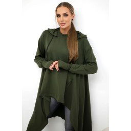 The blouse flars at the bottom in khaki