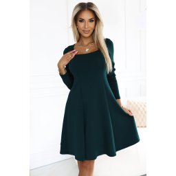 574-1 IVANA Comfortable Trapeze Dress with Neckline and Long Sleeves - BOTTLE GREEN
