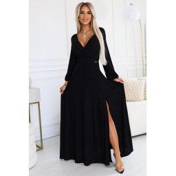 572-2 NELA Shiny Long Dress with Neckline and Long Sleeves - BLACK