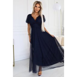 562-1 NASTIA Long dress with neckline and short sleeves - DARK BLUE