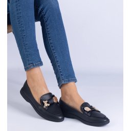 Gemre Black loafers decorated with a bow and a golden teddy bear Nensi