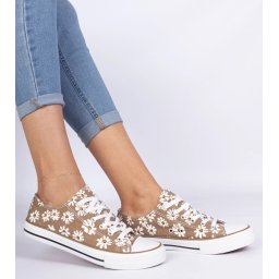 Gemre Brown women's fabric sneakers with flowers Lazates