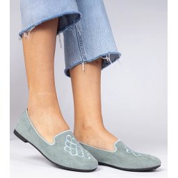 Gemre Green women's eco-suede ballet flats with embroidery Ronna