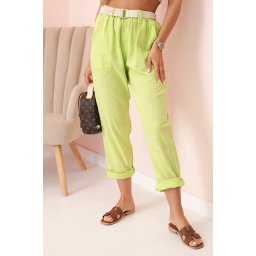 Kesi Włoski Women's linen cotton pants with a belt bright green