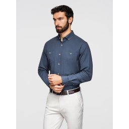 Ombre Men's linen shirt with classic collar and pockets REGULAR FIT - blue
