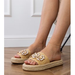 Gemre Beige espadrille mules with golden crystals Luas