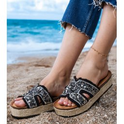 Gemre Black espadrille slides with rhinestones and stones Najros