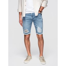 Ombre Men's short denim shorts with rips and holes - light blue