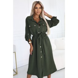531-5 Midi Shirt Dress with Gold Buttons and Tie - KHAKI