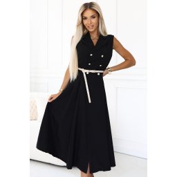 596-3 Elegant midi shirt dress with gold buttons and belt - black