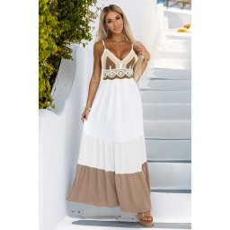 612-1 Long beige and white strapless dress with crochet top - boho