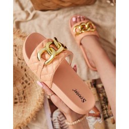 Resti Royalfashion Coral women's quilted flip-flops with gold chain Eteris