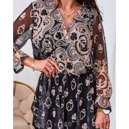 Resti Black and beige mesh midi dress with print