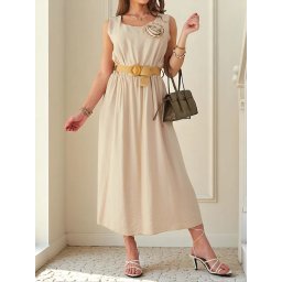 Resti Women's midi dress with straps, featuring a round neckline with decorative flower