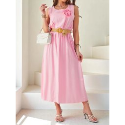 Resti Women's midi dress with straps, featuring a round neckline with a decorative flower