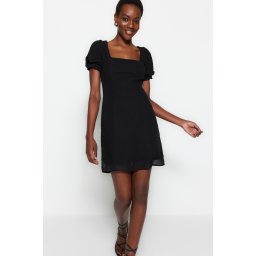 Trendyol Black Straight Cut Mini Woven Chiffon Lined Square Collar Woven Dress