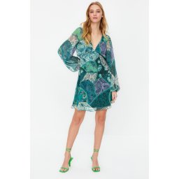 Trendyol Green Ethnic Patterned A-Line Collar Tied Mini Lined Chiffon Woven Dress