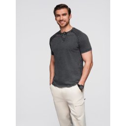 Ombre Men's T-shirt with wash effect and buttons at neckline - black