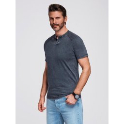 Ombre Men's t-shirt with wash effect and buttons at neckline - navy blue