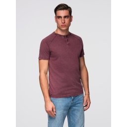 Ombre Men's T-shirt with wash effect and buttons at neckline - burgundy