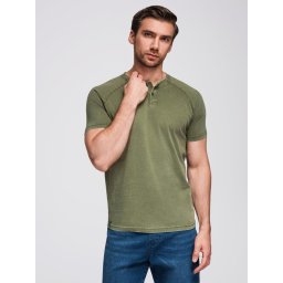 Ombre Men's t-shirt with wash effect and buttons at neckline - olive