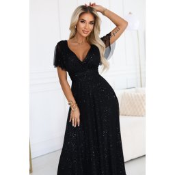 635-2 MELANIA long, shiny dress with a neckline and short sleeves - black
