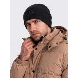 Ombre Men's knitted beanie hat with embroidered inscription - black