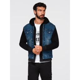 Ombre Men's denim jacket with knitted sleeves and hood - blue and black