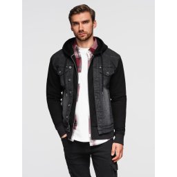 Ombre Men's denim jacket with knitted sleeves and hood - black