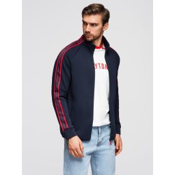 Ombre Men's unbuttoned sweatshirt with piping and high collar - navy blue