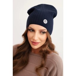 Kesi Women's ribbed hat with a decorative button made of wool and modal navy blue