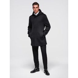 Ombre Men's minimalist medium length coat with hood - black
