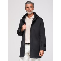 Ombre Men's minimalist medium length coat with hood - black