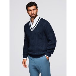 Ombre Men's plaid sweater with crew neckline - navy blue