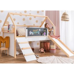 Детско Легло Къщичка GINGER HOME, Монтесори, Двуетажно, Пързалка, Черна Дъска, Подматрачна Рамка ...