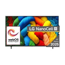 Телевизор LG 65NANO80A3B, 65" 4K HDR Smart Nano Cell TV, 3840x2160, DVB-T2/C/S2, AI Alpha 7, HDR 10 PRO, webOS 25, ThinQ AI, VRR, ALLM, HGiG, WiFi, Clear Voice, AI Upscaling, Bluetooth, Hdmi e-ARC , CI, LAN, AirPlay2, Chromecast, 2 Pole stand, Black