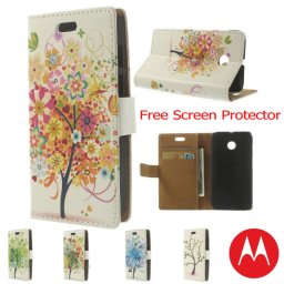 Motorola Moto E Printed Leather Wallet Кожен Калъф + Протектор