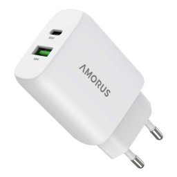 AMORUS 30W GaN Бързо Зарядно, Dual Port USB-C и USB-A, За Телефон и Таблет, Съвместимо с iPhone, Samsung, Xiaomi