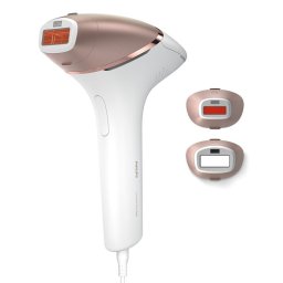 Фотоепилатор IPL Philips Lumea Series 8000 BRI945/00, Сензор Smartskin, Технология SenseIQ, Връзка с приложението, Използване с кабел, 450 000 импулса, Аксесоар за тяло и лице, Бял/Розово злато