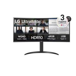 Монитор LG 34WR55QK-B 34" UltraWide AG , Curved 21:9 VA Panel, 5ms, 3000:1, 300 cd/m2, WQHD 3440x1440, HDR10, sRGB 99% , USB type-C 65W , 100Hz, HDMI, DisplayPort, PBP, Height Adjustable, Tilt, Reader Mode, Headphone Out, Black