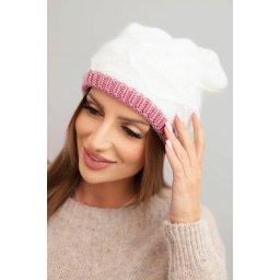 Kesi Women's winter hat made of wool with a woven pattern K443 white + pink