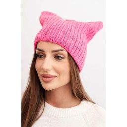 Kesi Women's winter hat with wool in a cat-style design made of ribbed knit K419 pink