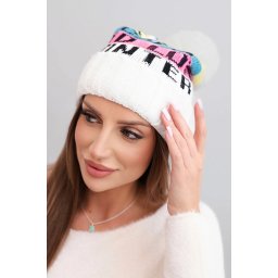 Kesi Women's winter cap with wool and lettering with a large pom-pom K422 white