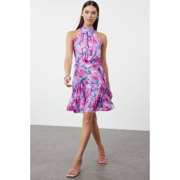 Trendyol Fuchsia Floral Print Halter Neck A-line Satin Mini Woven Dress