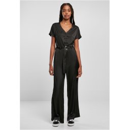 Women's satin jumpsuit with a wide belt in black
